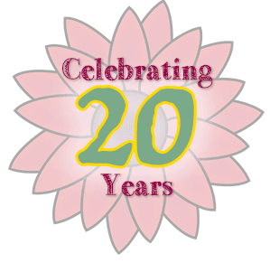 Flower badge with text 'Celebrating 20 Years of Spring Thing!'